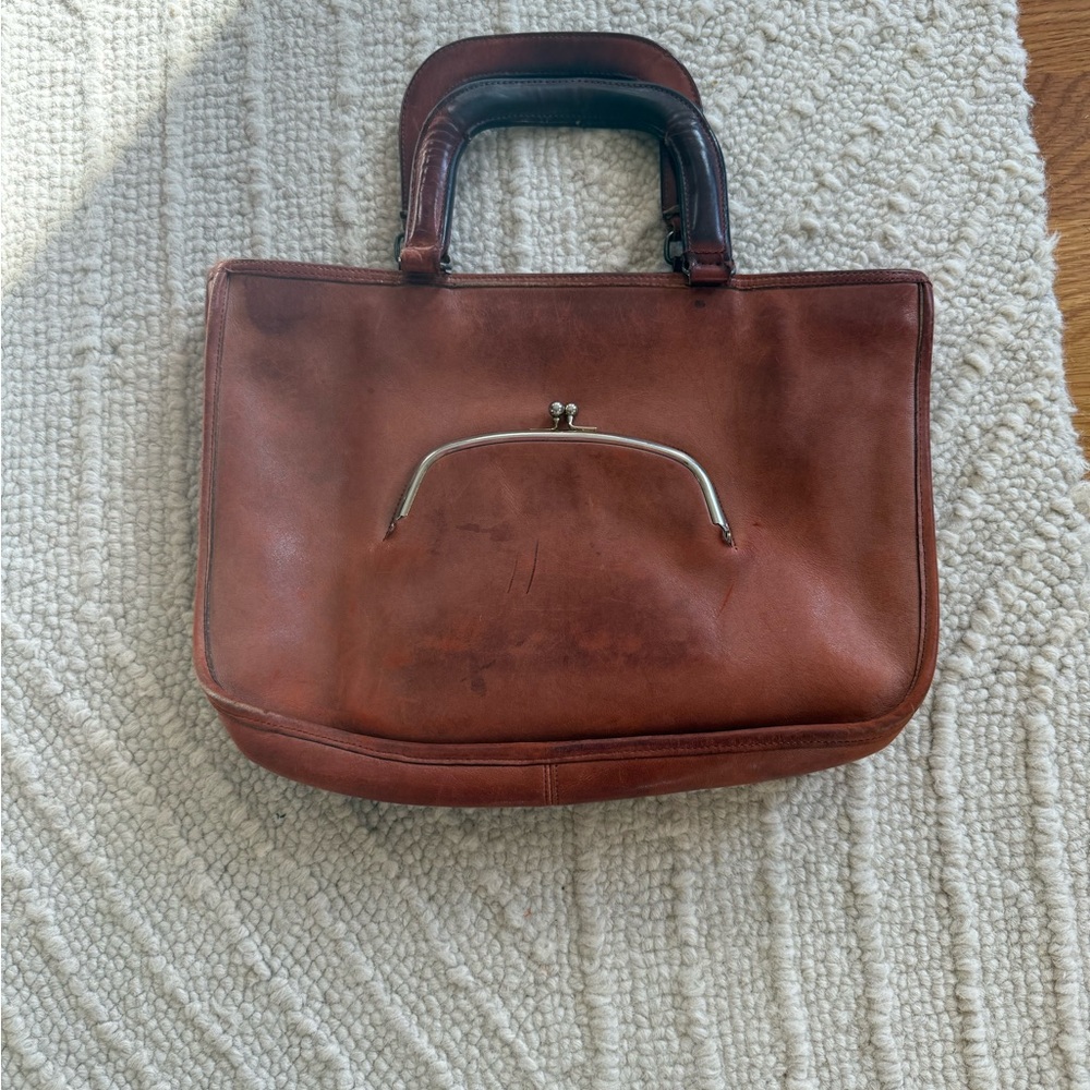 Rare Vintage Coach Bonnie Cashin Watermelon Tote Rust Tan Leather Front Kiss
